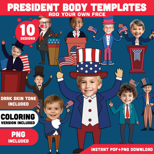 Presidents’ Day Add-Your-Own-Face Crafts, Let Kids Become Little Presidents, Hands-On Cut and Paste Craft, Coloring Version Included