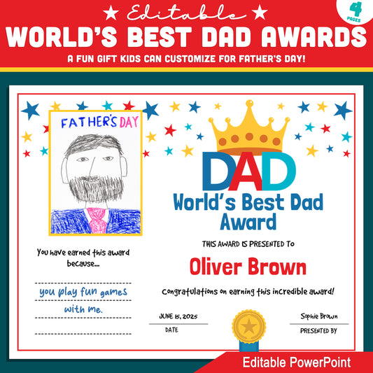 Father’s Day Gift: Editable World’s Best Dad Awards Certificate with Drawing Frame Options – 2 Designs for Kids to Personalize