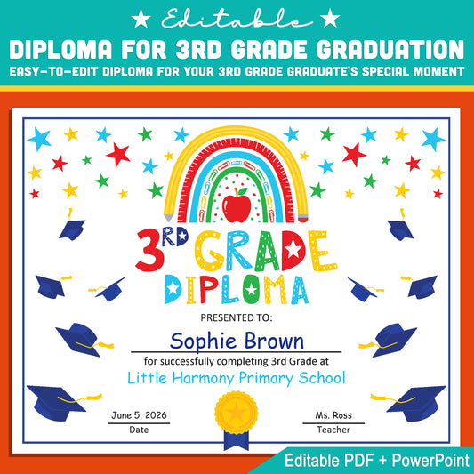 Customizable 3rd Grade Diploma Template: Editable PDF & PowerPoint, Perfect for Graduation Awards, Milestones, and Special Recognition Events