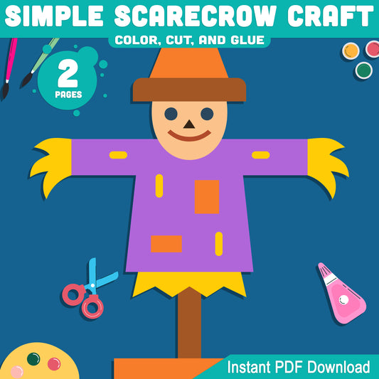 Simple Scarecrow Craft for Preschool, Pre-K, Kindergarten, Easy Color Cut and Glue Fall Activity, Pre-Colored + Black & White, Instant PDF Download