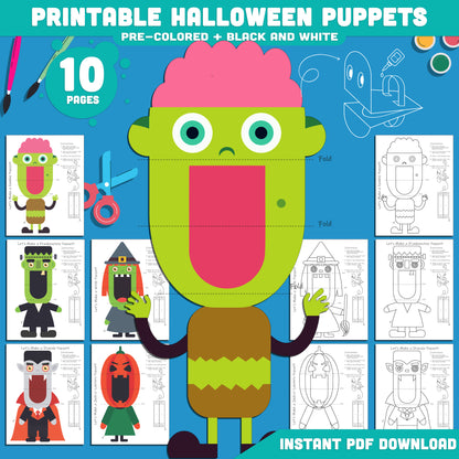 Printable Halloween Puppets: 10 Pages with 5 Pre-Colored + 5 Black and White Designs, Perfect for Spooky Classroom Fun & Halloween Party Crafts!