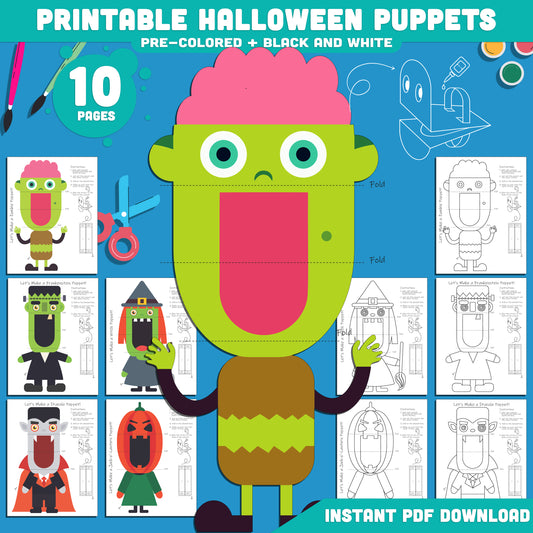 Printable Halloween Puppets: 10 Pages with 5 Pre-Colored + 5 Black and White Designs, Perfect for Spooky Classroom Fun & Halloween Party Crafts!