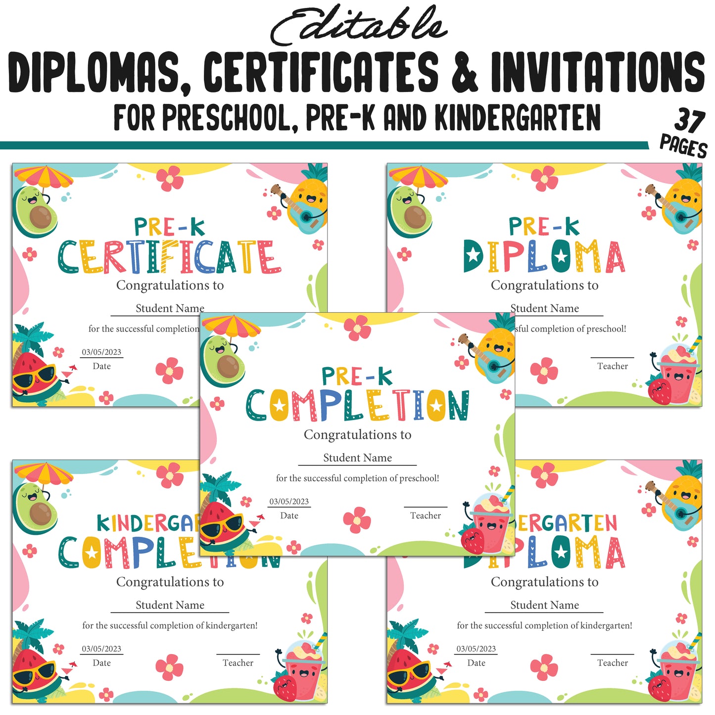 37 Summer-Themed Pre-K, Kindergarten, and Preschool Diplomas, Certificates, and Invitation Templates (PDF) - Instant Download