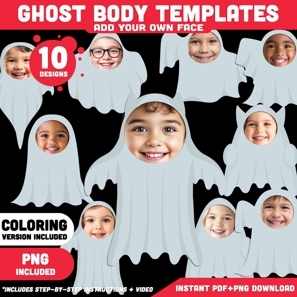Ghost Body Templates, Photo Craft for Kids, Add Your Own Face, Halloween Activity, 10 Unique Designs, PDF + PNG Files, Coloring Version Included, 300 DPI