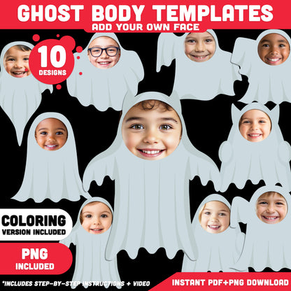 Ghost Body Templates, Photo Craft for Kids, Add Your Own Face, Halloween Activity, 10 Unique Designs, PDF + PNG Files, Coloring Version Included, 300 DPI