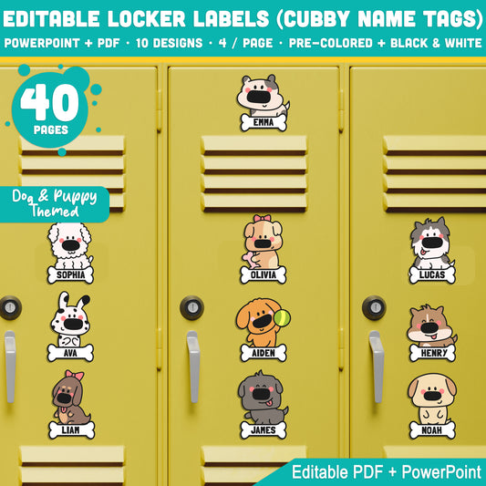 Cute Dog & Puppy Editable Locker Labels, Cubby Name Tags, 40 Pages, PDF + PowerPoint, Back to School Craft, Black & White + Pre-Colored