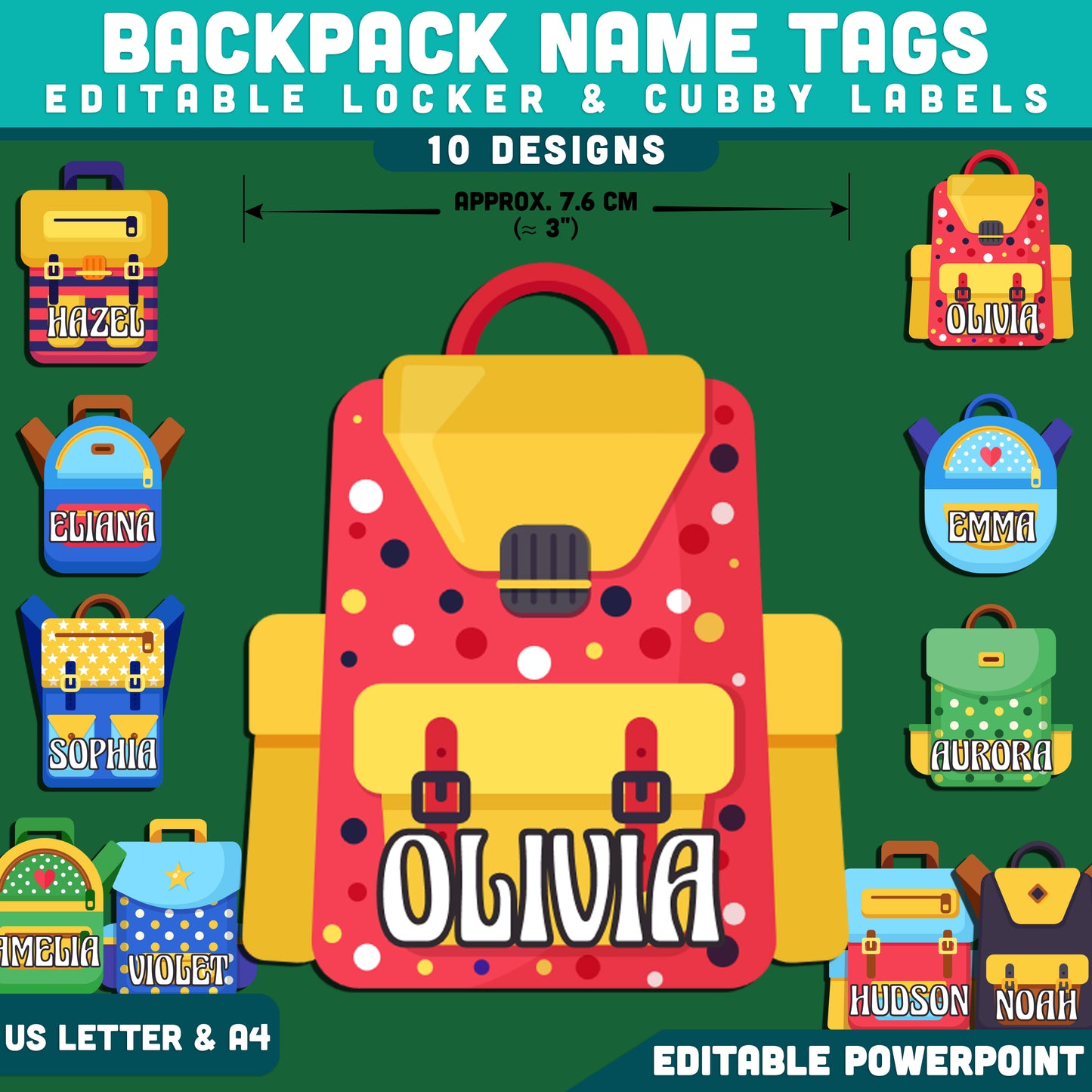 School Backpack Name Tags, Editable Locker & Cubby Labels, Personalized Student Belongings, PowerPoint, 10 Designs, Classroom Setup, US Letter, A4