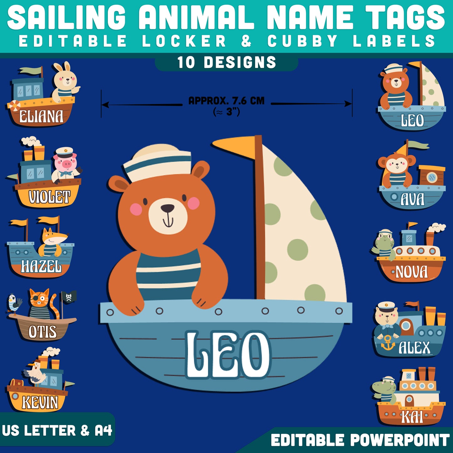 Sailing Animal Name Tags, Editable Locker & Cubby Labels, Seaside Classroom Theme, PowerPoint Template, 10 Designs, Student Spaces, US Letter, A4
