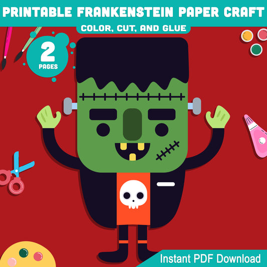 Printable Frankenstein Paper Craft for Preschool, Pre-K, Kindergarten, Fun October Halloween Color Cut and Glue Activity, 2 Pages PDF Download