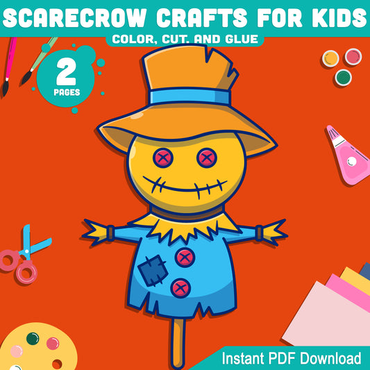 Fun Scarecrow Craft Activity Kit for Kids: Color, Cut, and Glue Project Perfect for Fall and Halloween Art, Homeschool, 2-Page PDF Instant Download