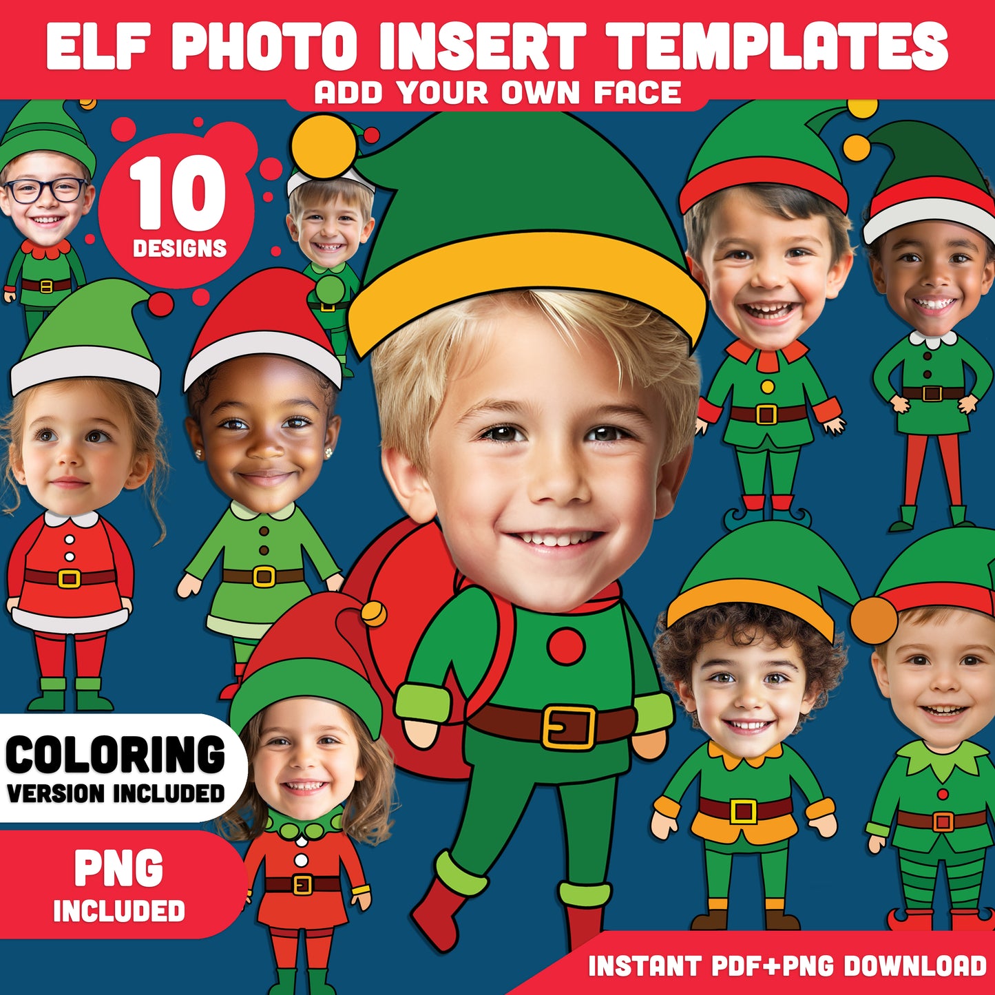 Elf Photo Insert Templates – Winter Body Templates, Coloring Version Included, 10 Designs, High-resolution PDF + PNG Files for Classroom Displays, Home Activities, and Holiday Parties