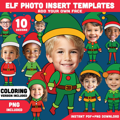 Elf Photo Insert Templates – Winter Body Templates, Coloring Version Included, 10 Designs, High-resolution PDF + PNG Files for Classroom Displays, Home Activities, and Holiday Parties