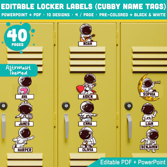 Editable Astronaut Locker Labels & Name Tags for Kids, PDF + PowerPoint, 10 Designs, 40 Pages, Black & White + Pre-Colored, 8.5x11"