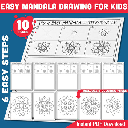 How to Draw Easy Mandalas for Kids Step-by-Step Drawing Guide, Directed Drawing Activity, 6 Easy Steps 5 Pages + 5 Coloring Sheets