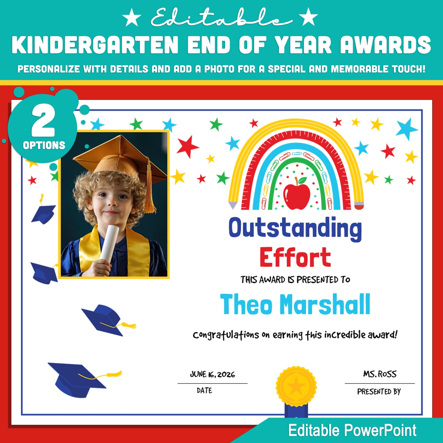 Kindergarten End of Year Awards – Class Superlatives, Student Photos, Personalize Every Detail with 2 PowerPoint Options, Easy Instant Download