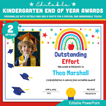 Kindergarten End of Year Awards – Class Superlatives, Student Photos, Personalize Every Detail with 2 PowerPoint Options, Easy Instant Download