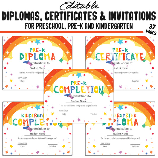 37 Customizable Rainbow-Themed Pre-K, Kindergarten, and Preschool Diplomas, Certificates, and Invitation Templates (PDF) - Instant Download