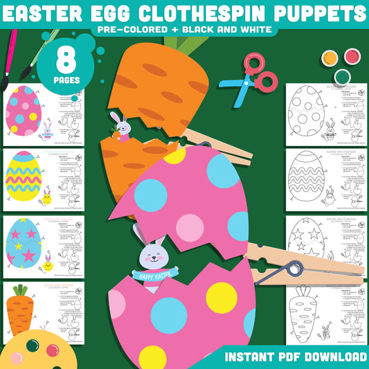 Easter Egg Surprise Craft Printable, Clothespin Puppets Template for Kids with Bunny and Chick, Spring Puppet Craft, 4 Designs, Instant Download