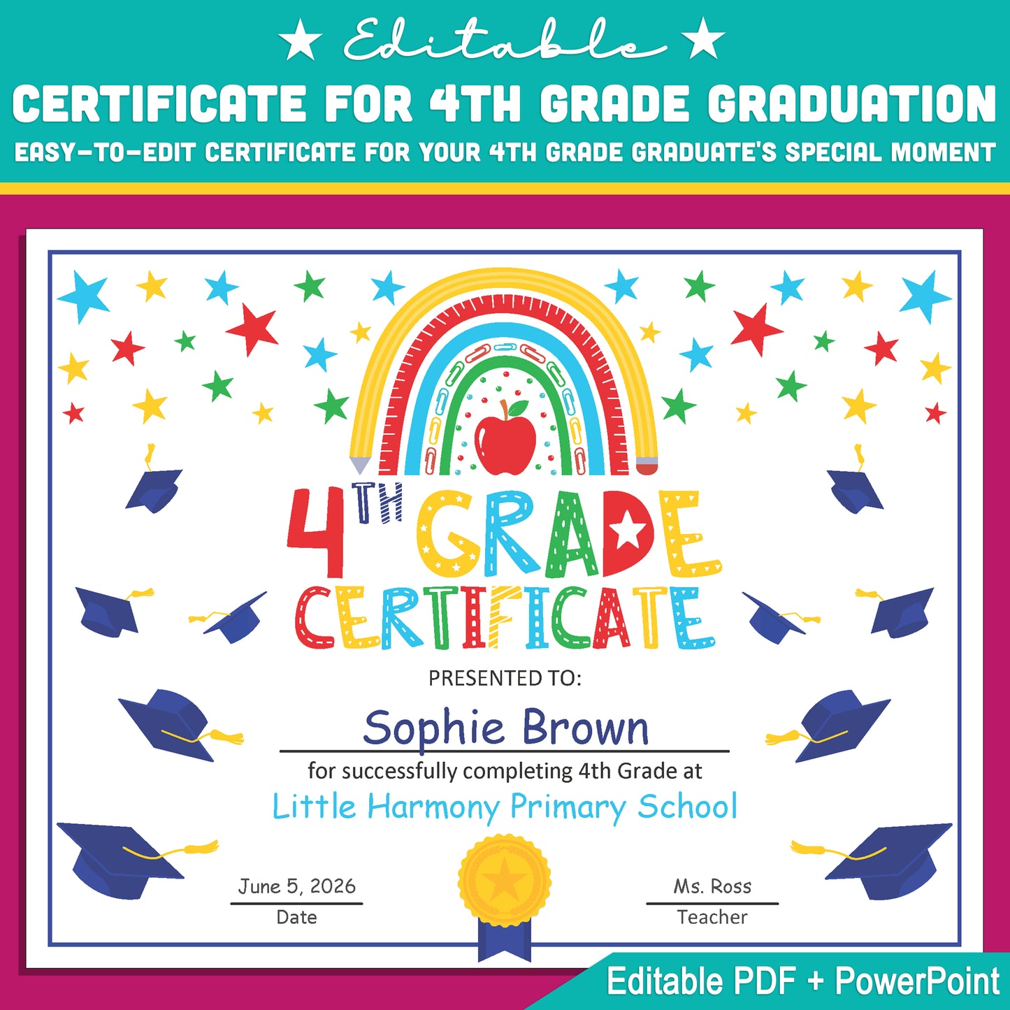 Fourth Grade Certificate Template: Editable 8.5x11 PDF & PowerPoint for Recognizing Achievements, Graduation, and Milestone Events