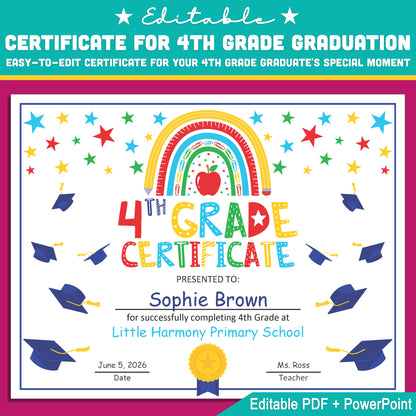 Fourth Grade Certificate Template: Editable 8.5x11 PDF & PowerPoint for Recognizing Achievements, Graduation, and Milestone Events