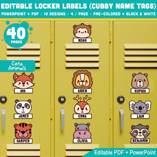 Animal Themed Editable Locker & Cubby Name Tags – 10 Cute Designs, PDF + PowerPoint, Great for Back to School Organization