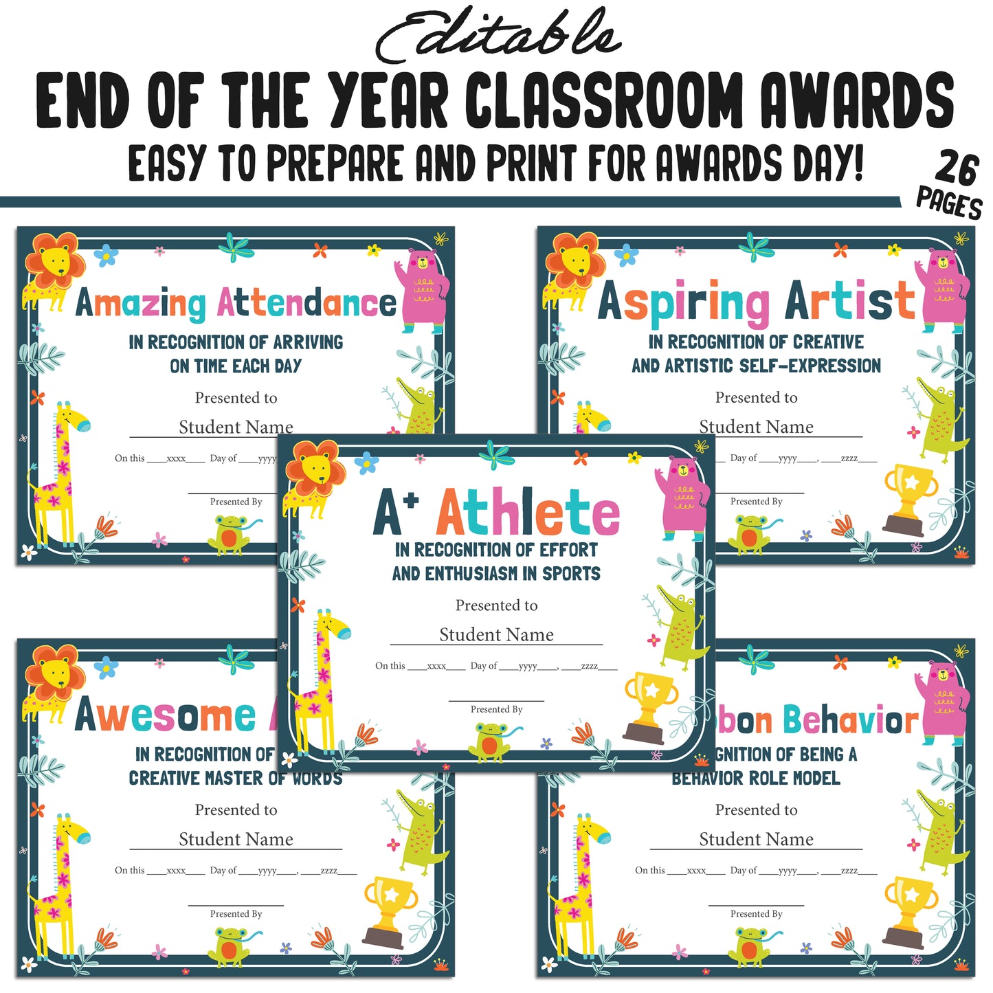 Printable & Editable Class Superlative Fun Classroom Awards for the End of the School Year, 26 Pages, PDF, Instant Download