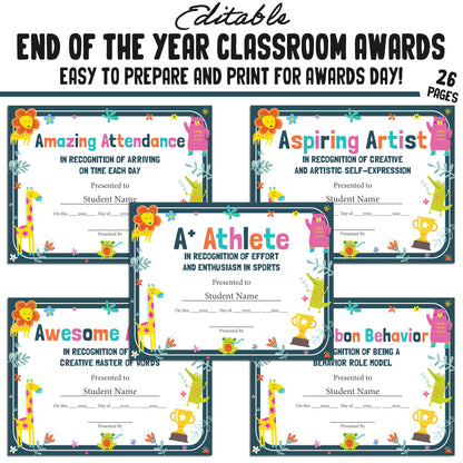 Printable & Editable Class Superlative Fun Classroom Awards for the End of the School Year, 26 Pages, PDF, Instant Download