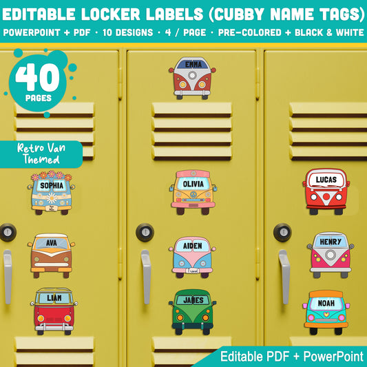 Editable Locker Labels (Cubby Name Tags), Retro Van Themed, 10 Fun Designs, Back to School, PDF + PowerPoint, Pre-Colored + Black & White