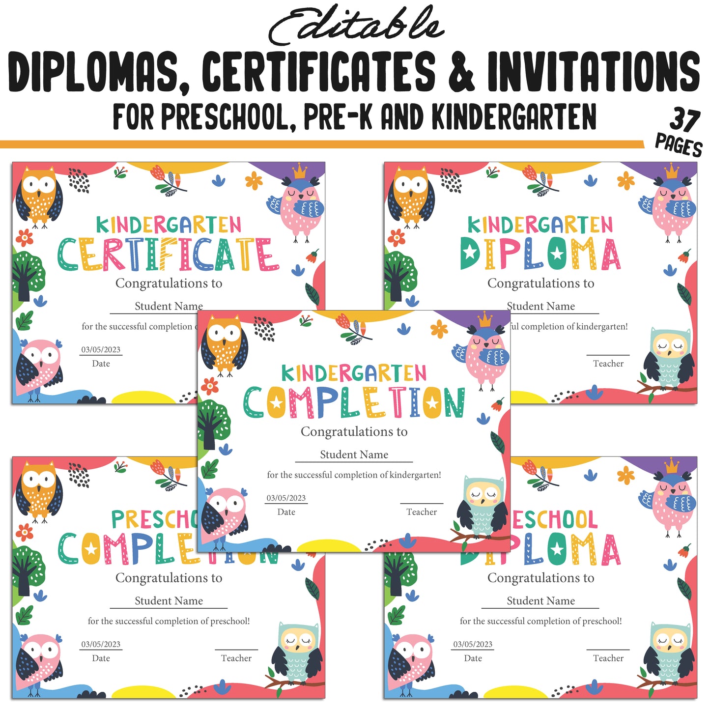 37 Editable Kindergarten, Pre-K, and Preschool Certificates of Completion, Graduation Invitations, Diplomas, and Certificate Templates