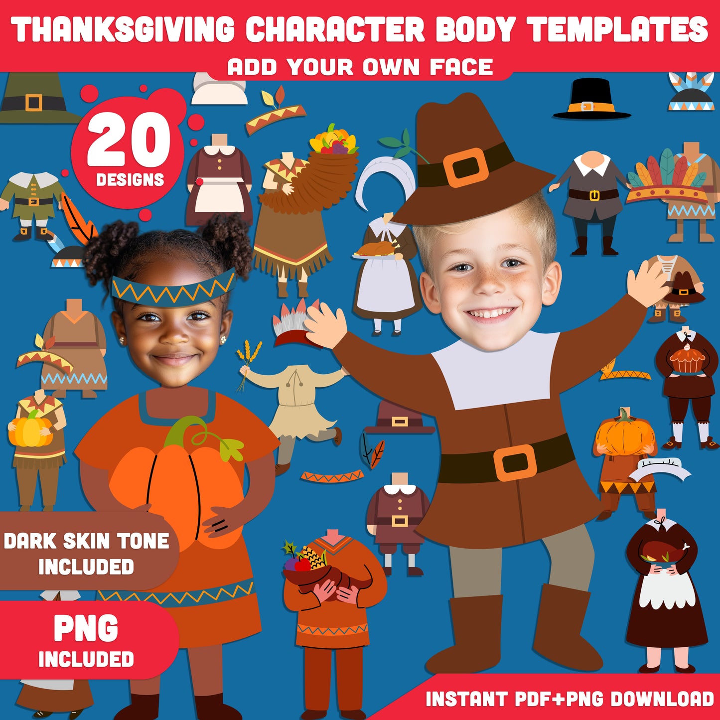 Printable Thanksgiving Character Body Templates for Kids, 20 Fun Designs (Light + Dark Skin Tone, PDF + PNG), Add Your Own Face Craft, 8.5x11”, Instant PDF Download
