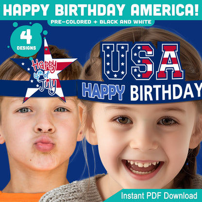 Happy Birthday America! 4th of July Hat, Headband & Crown Craft, Printable Patriotic Dress Up Activity for Kids