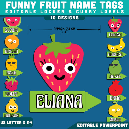 Funny Fruit Name Tags, Editable Locker & Cubby Labels, Playful Student Organization, PowerPoint Template, 10 Designs, Classroom Decor, US Letter, A4
