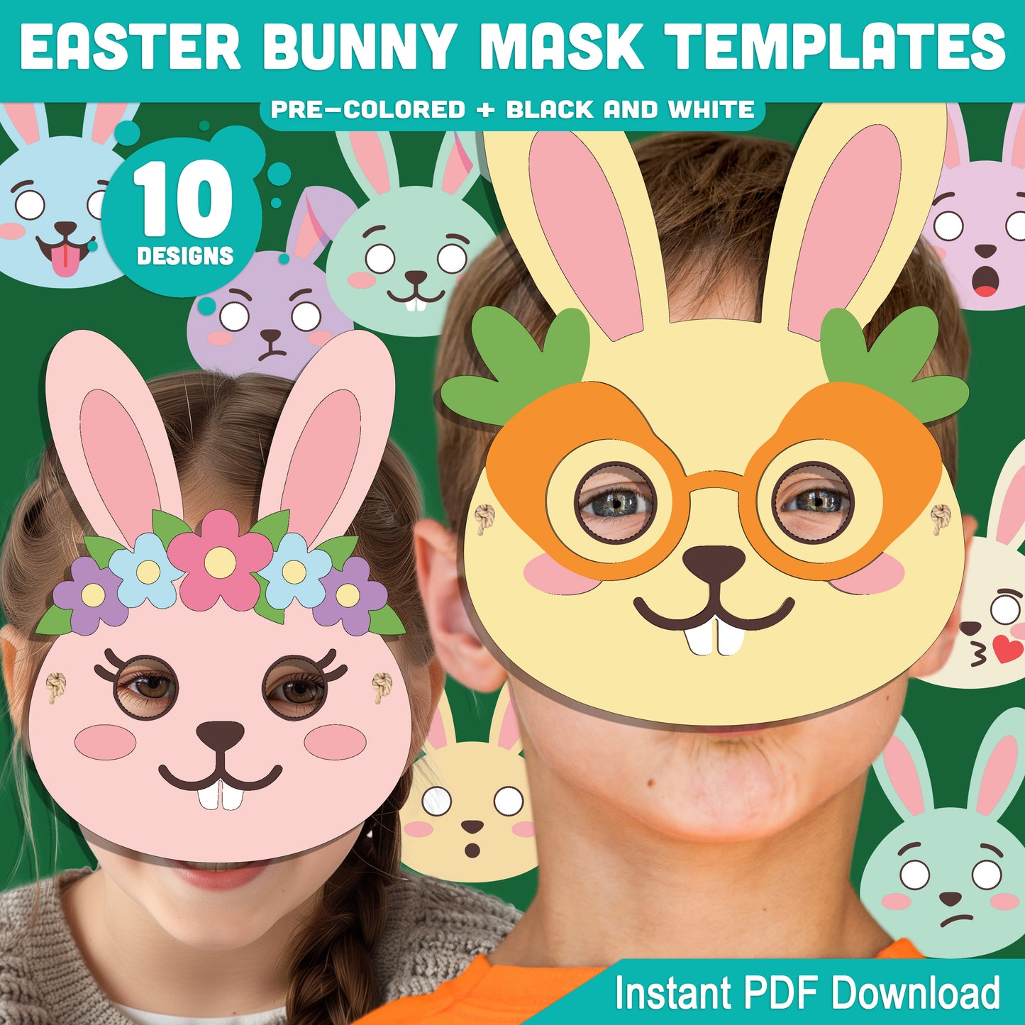 Easter Bunny Mask Templates – Printable Rabbit Mask Craft for Kids, Thick Line Art, Pre-Colored & Black and White, 20 Pages, PDF