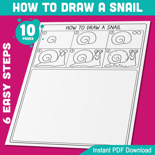 Snail Drawing Tutorial for Kids: 5-Page Step-by-Step Guide with 5 Fun Coloring Pages, Perfect for Young Artists, PDF Instant Download for Easy Learning