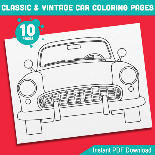 Classic and Vintage Car Coloring Pages, 10 Printable Designs, Great for Kids, Adults, Homeschool or Art Time, PDF File, 8.5x11"