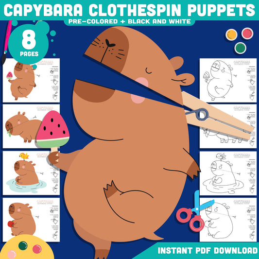 Interactive Capybara Puppets, Printable Clothespin Animal Craft, Color, Cut & Play Activity, Pre-Colored & Black and White PDF