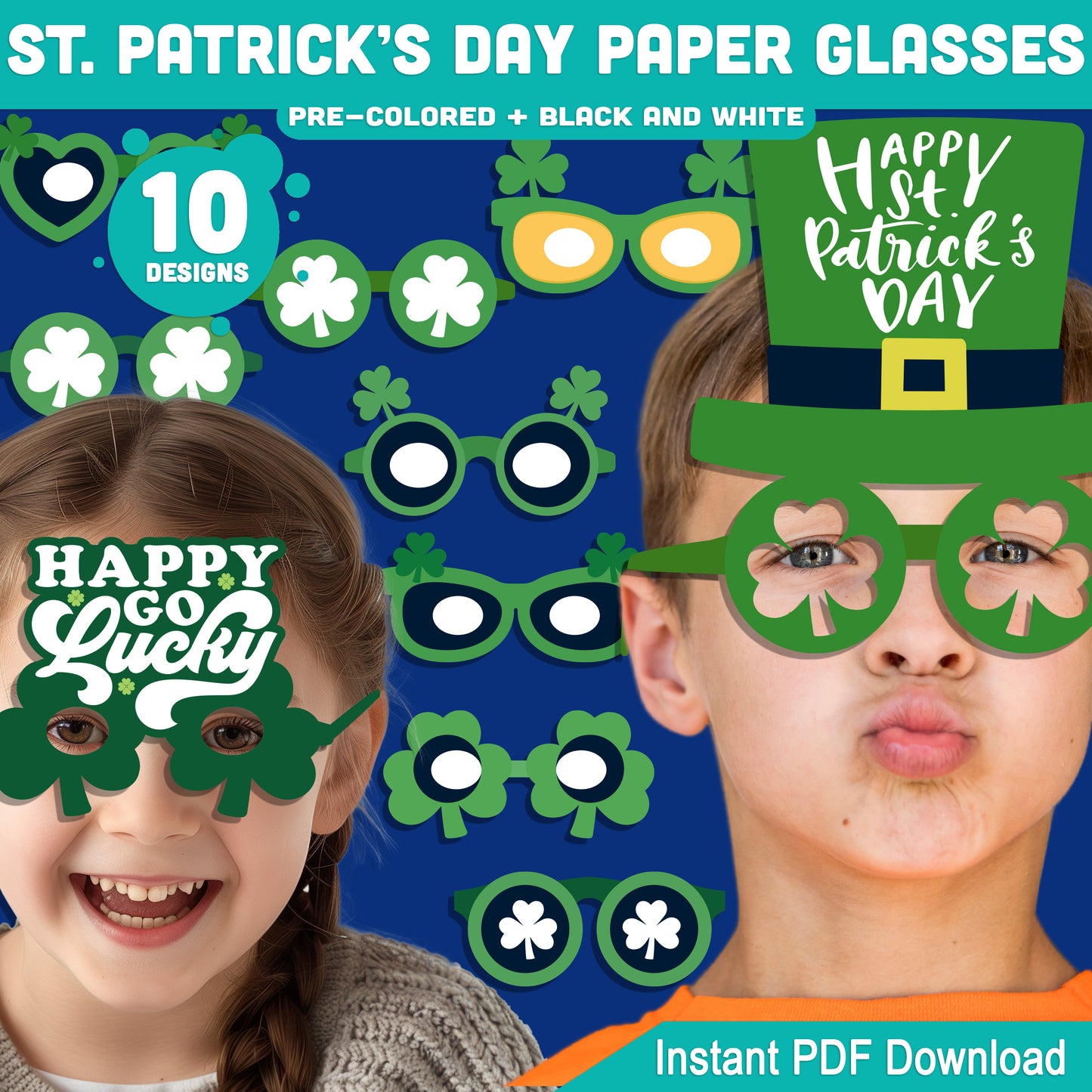 St Patrick’s Day Paper Glasses Printable Activity, Shamrock Glasses Craft, 10 Designs, Pre-Colored and Black & White, Instant Download for Classroom