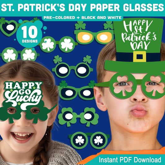 St Patrick’s Day Paper Glasses Printable Activity, Shamrock Glasses Craft, 10 Designs, Pre-Colored and Black & White, Instant Download for Classroom
