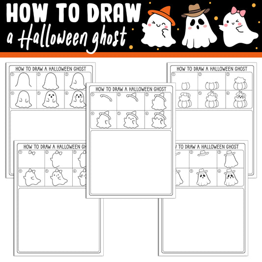 Learn How to Draw a Halloween Ghost: Directed Drawing Step by Step Tutorial, Includes 5 Coloring Pages, PDF File, Instant Download.