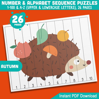 Autumn-Themed Sequence Puzzles: Numbers 1-100 & Alphabet A-Z for Early Learners, Perfect for Math Centers