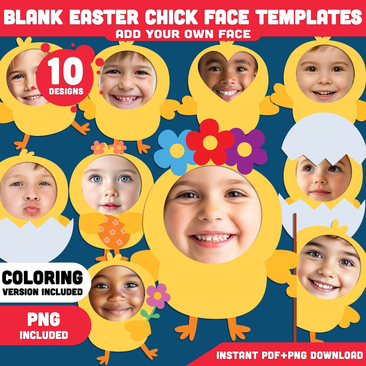 Blank Easter Chick Face Templates, Add Your Own Face Craft Activity, 10 Chick Designs, Coloring Version Included, PDF + PNG
