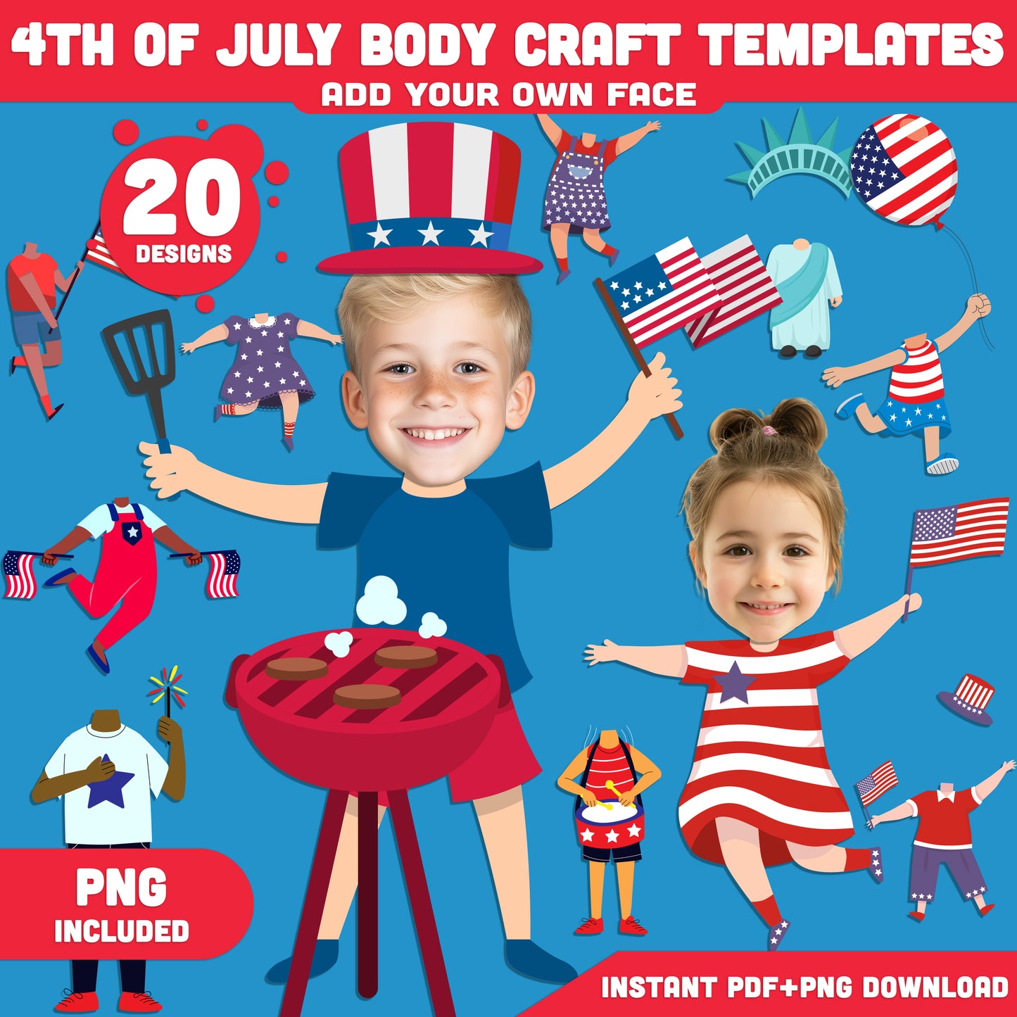4th of July Body Craft Template for Kids – Add Face to Patriotic Body Clipart Characters, Fun Printable Project, PDF + PNG,  Instant Download