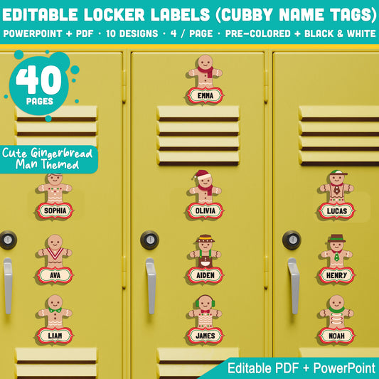 Editable Locker Labels (Cubby Name Tags), Cute Christmas Gingerbread Man & Woman Themed, Pre-Colored + Black & White, PDF + PowerPoint, for Classroom Organization and Crafts