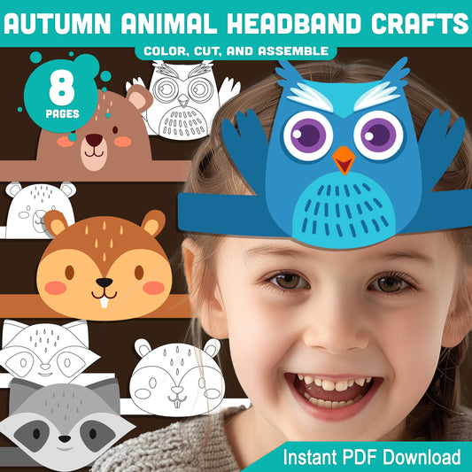 Printable Autumn Animal Headband Crafts, Fall Crown and Paper Hat Activity for Kids, Fun Color, Cut & Wear Craft, 5 Animal Designs, Black & White + Pre-colored, PDF