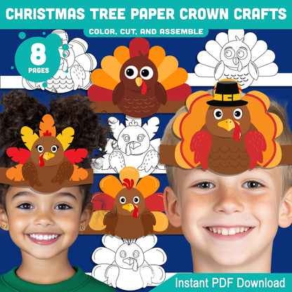 Printable Thanksgiving Turkey Paper Crown Crafts, Fall Coloring Hat & Headband Project for Kids, Autumn Party Hat, 4 Designs, Pre-color + Black & White, PDF Download
