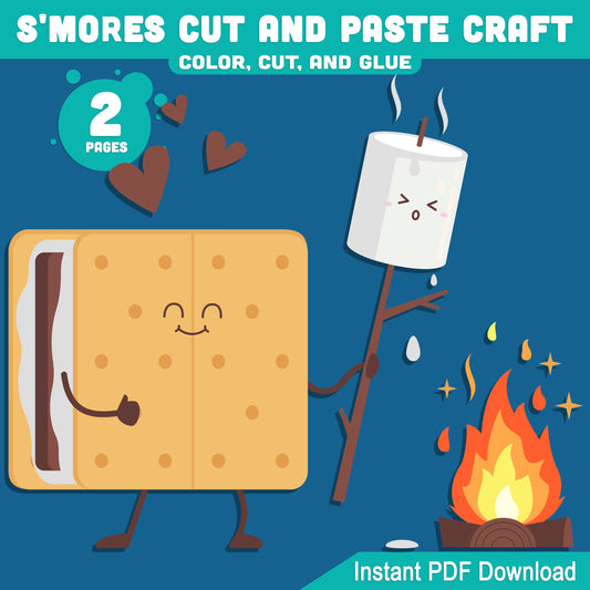 S'mores Summer Camping Craft for Kids, 2 Fun Pages to Color Cut and Glue, Pre-Colored and Black & White, Instant PDF Download