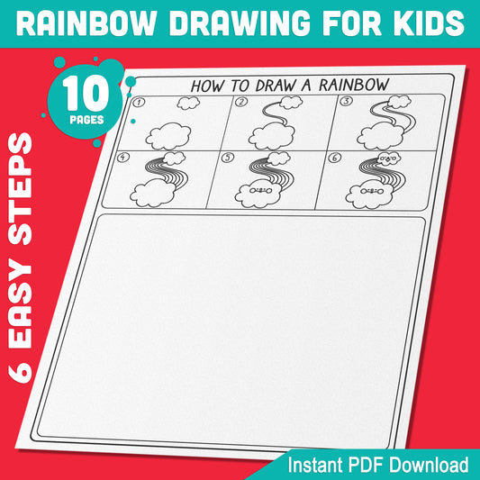 Easy Rainbow Drawing for Kids: 5 Pages Step-by-Step Tutorial + 5 Coloring Pages for Spring Projects, Engaging Art Activity, PDF Instant Download