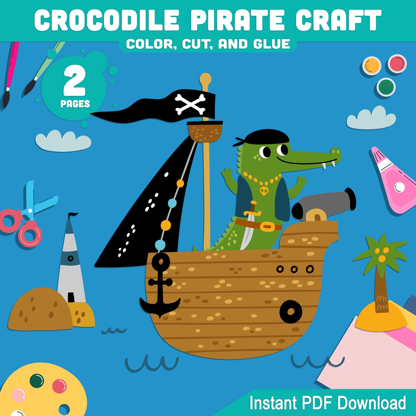 Crocodile Pirate Craft for Kids: DIY Color, Cut & Glue Art Activity for Creative Fun, Encouraging Imagination & Learning, Instant Download Available