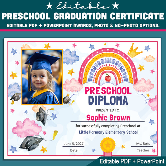 Preschool Graduation Certificate, Printable Rainbow Awards for End of School Year Celebration, Editable Preschool Keepsake Set Photo and No Photo, PDF PowerPoint