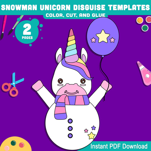 Snowman Unicorn Disguise Templates – Fun Winter Craft for Kids, Winter Color Cut and Glue Classroom Project, Preschool to Kindergarten